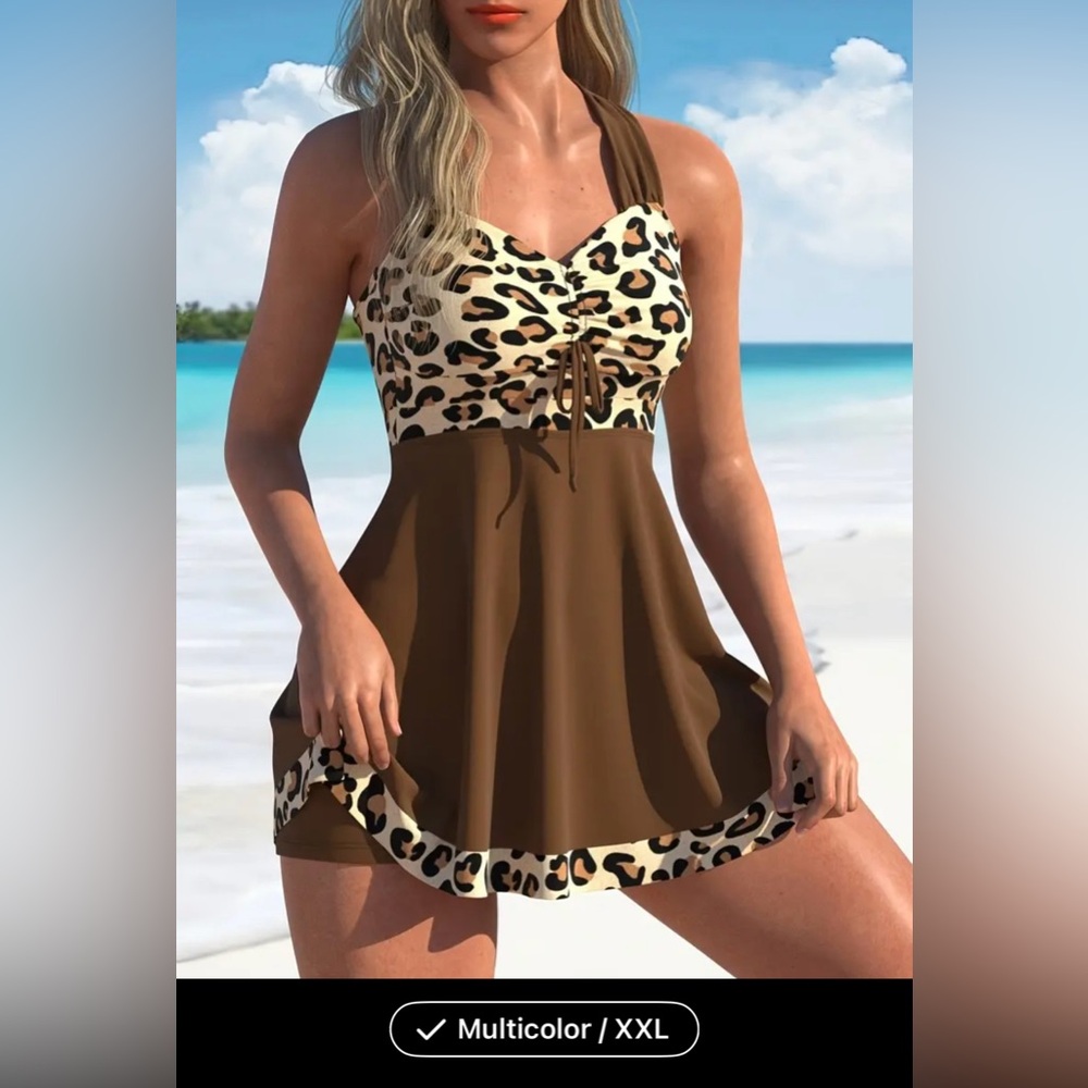 Brown/Leopard 2 Piece Swim Suit XXL Never Worn